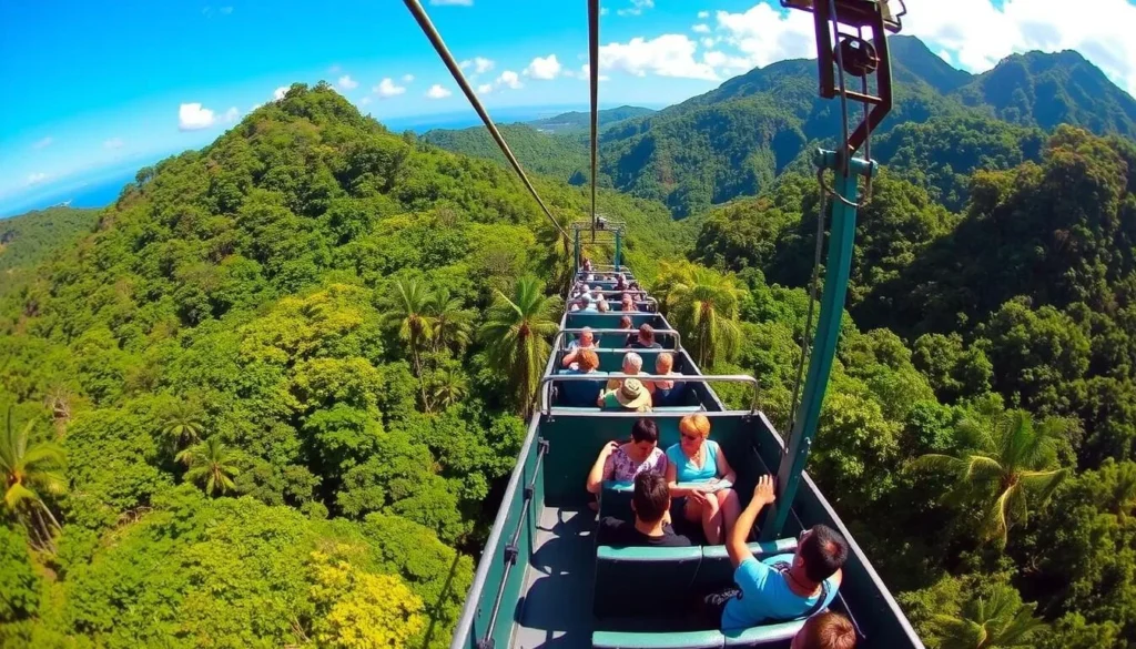 Rainforest Adventures St Lucia aerial tram ride with lush rainforest below