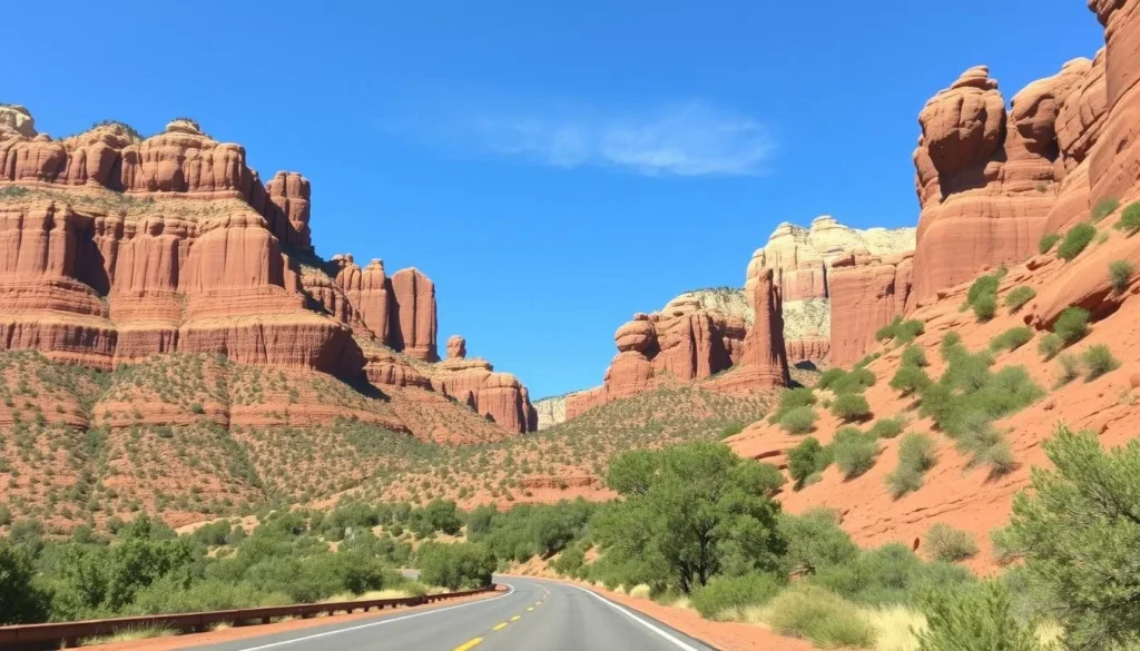 Red Rock Scenic Byway in Sedona, Arizona, with red rock formations on both sides of the road.
