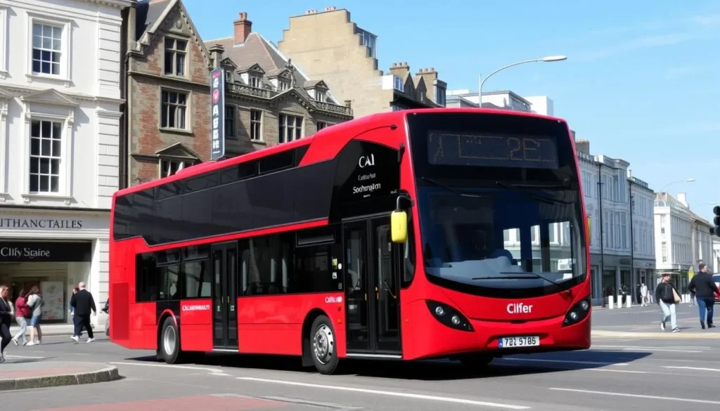 Red Southampton city bus driving through the city center Red Southampton city bus driving through the city center