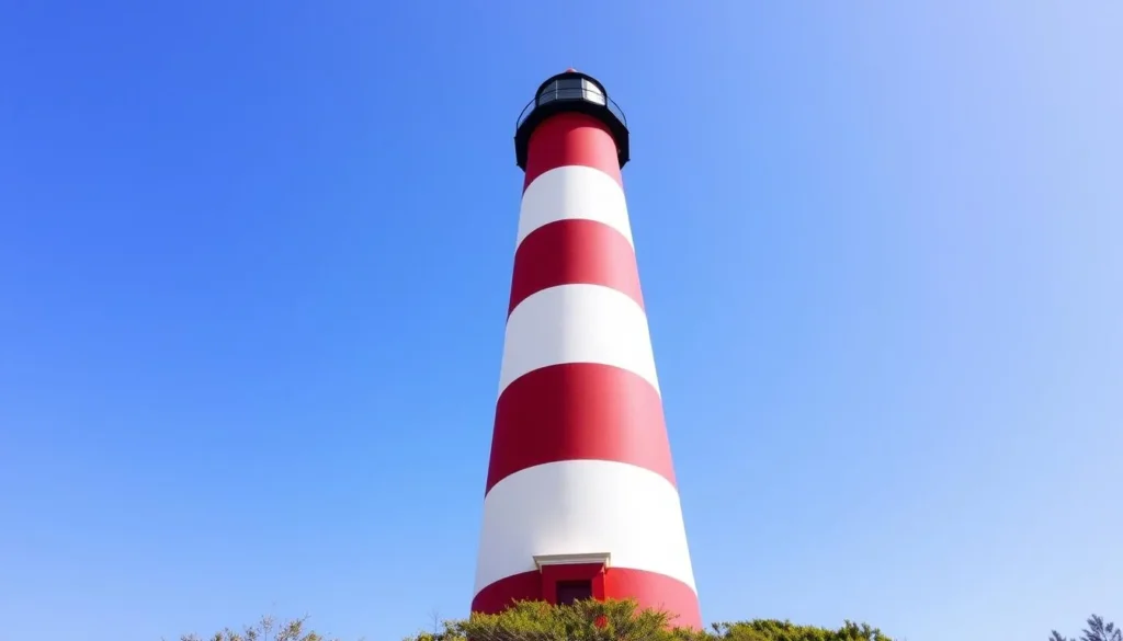 Red and white striped Assateague Lighthouse against blue sky Red and white striped Assateague Lighthouse against blue sky