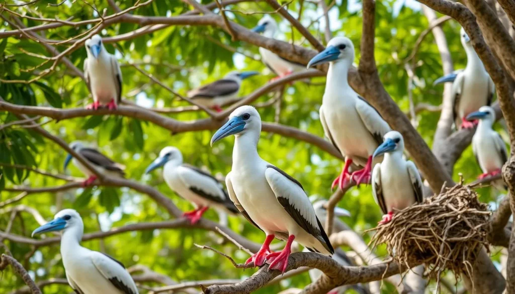 Red-footed boobies nesting in trees at the Booby Pond Nature Reserve in Little Cayman
