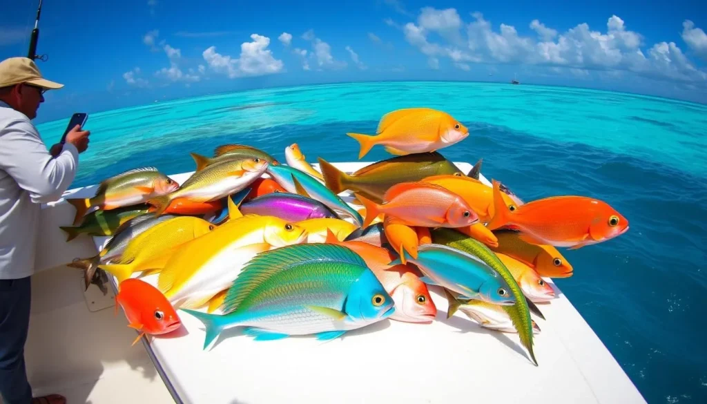 Reef fishing in Grand Bahama Island with a catch of various fish species