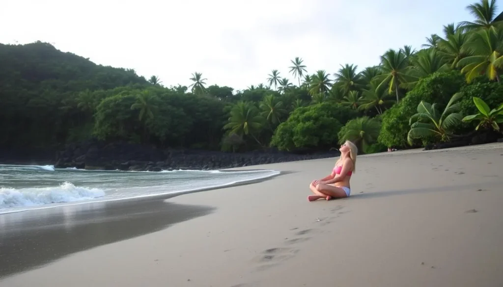 Relaxing on the gray volcanic sand at Mero Beach, Dominica