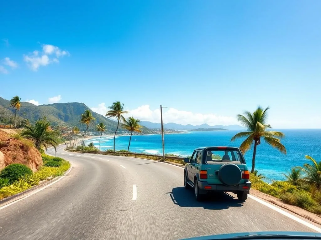 Rental car driving along coastal road in Mayotte with ocean views Rental car driving along coastal road in Mayotte with ocean views