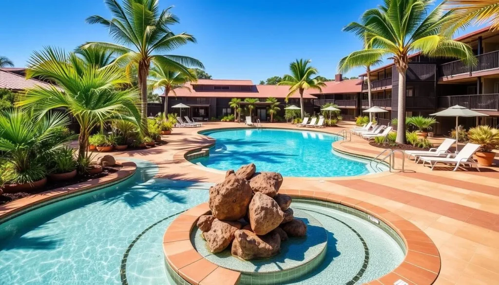 Resort-style pool at Dundee Beach Holiday Park with tropical landscaping
