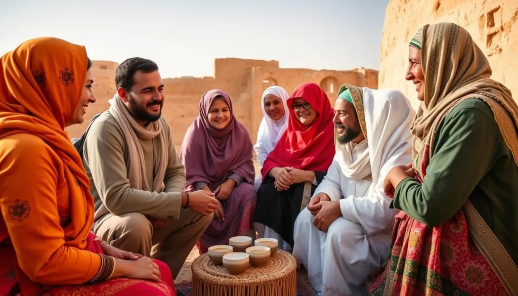 Respectful tourists interacting with local Sahrawi people in traditional setting Respectful tourists interacting with local Sahrawi people in traditional setting