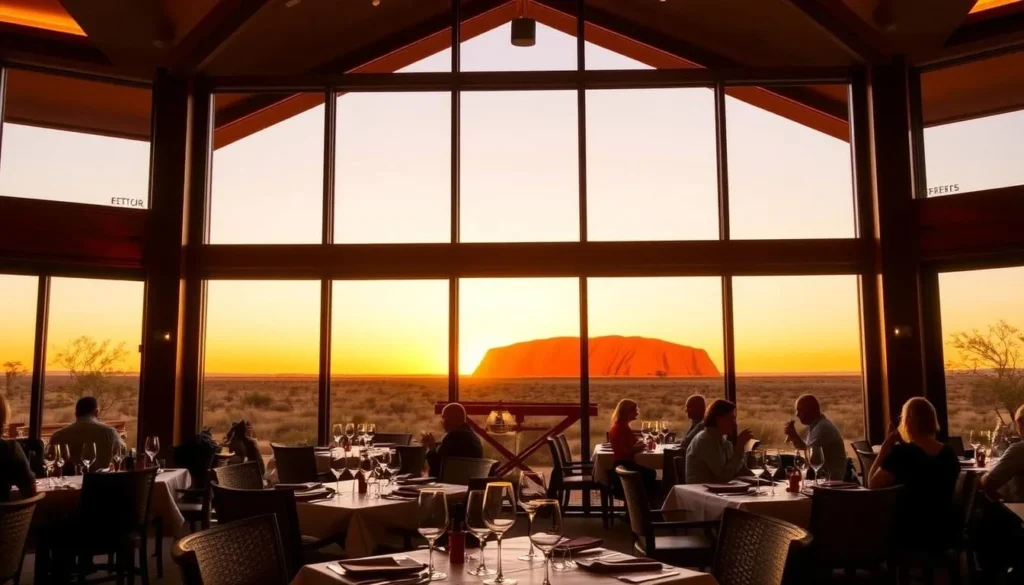 Restaurant at Ayers Rock Resort with Uluru (Ayers Rock) visible through large windows at sunset Restaurant at Ayers Rock Resort with Uluru (Ayers Rock) visible through large windows at sunset