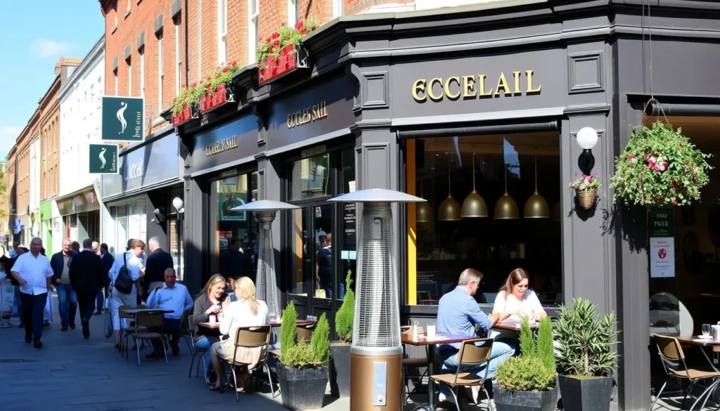 Restaurant on Ecclesall Road in Sheffield with outdoor seating area and diners enjoying meals