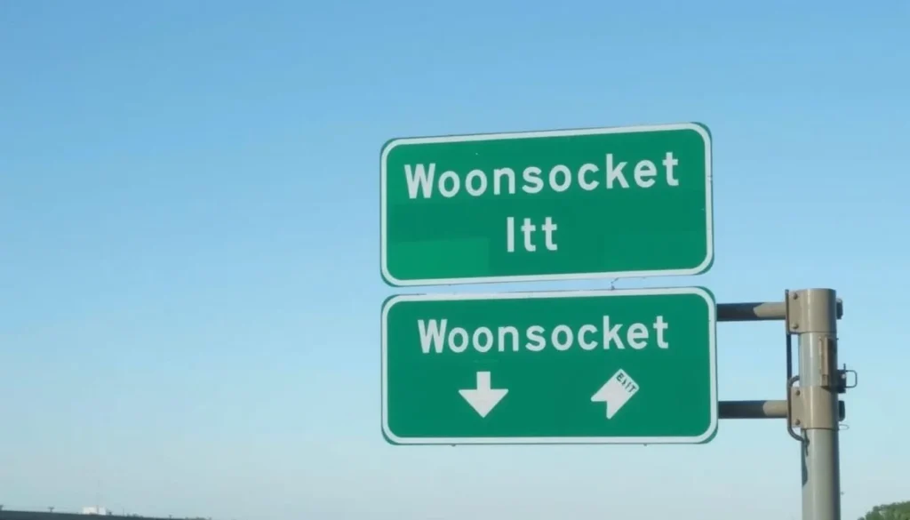 Road sign for Woonsocket Rhode Island exit on highway