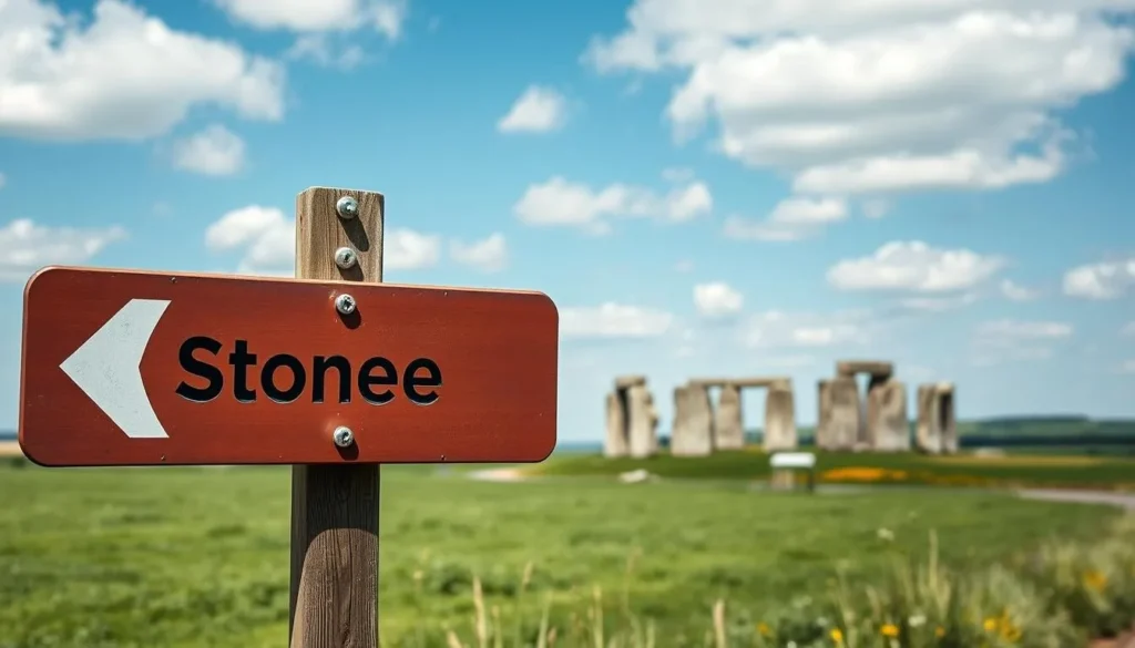 Road sign pointing to Stonehenge with the monument visible in the distance