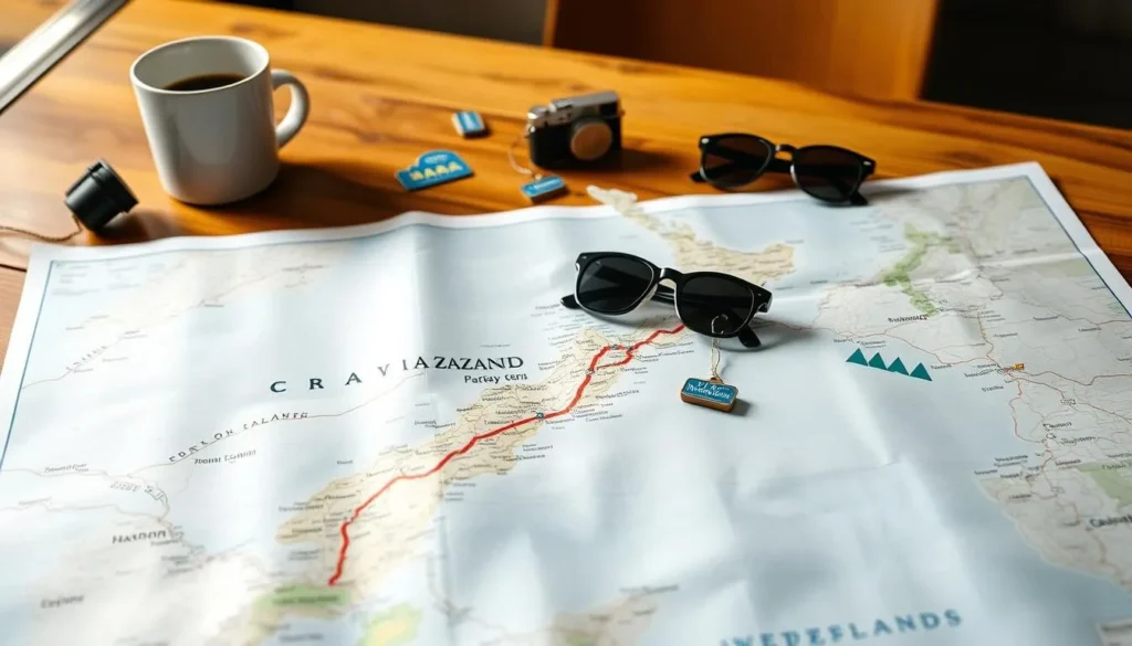 Road trip map of New Zealand with highlighted attractions, planning guide for best things to do Road trip map of New Zealand with highlighted attractions, planning guide for best things to do