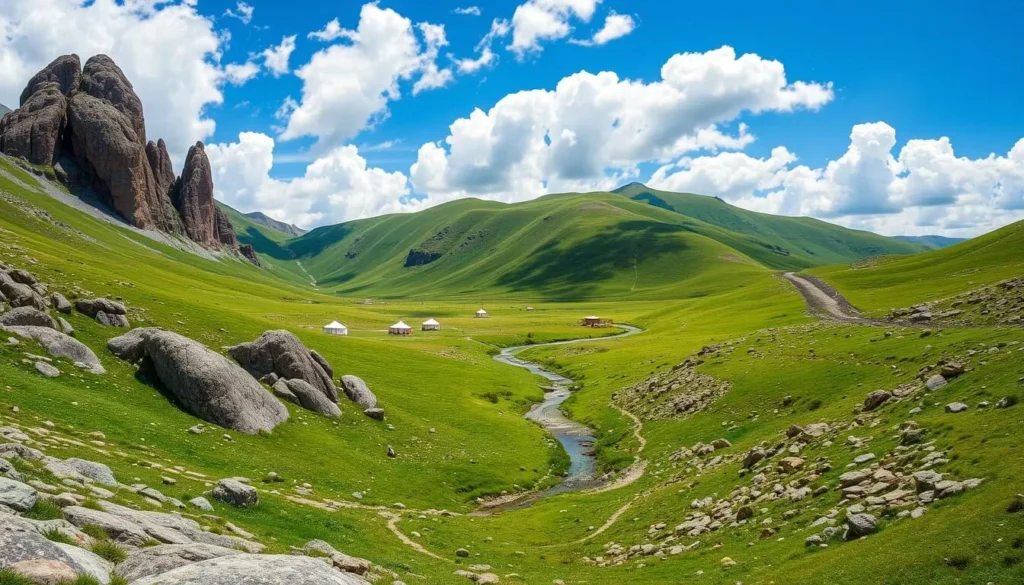 Rock formations and green hills in Terelj National Park, essential Mongolia Best Things to Do