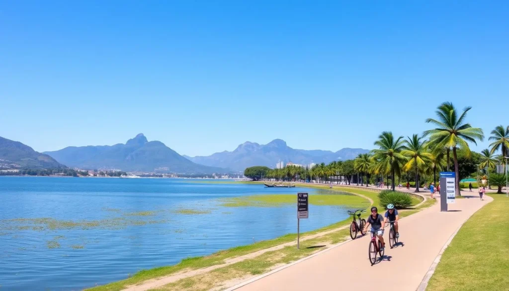 Rodrigo de Freitas Lagoon with people cycling and walking along the path