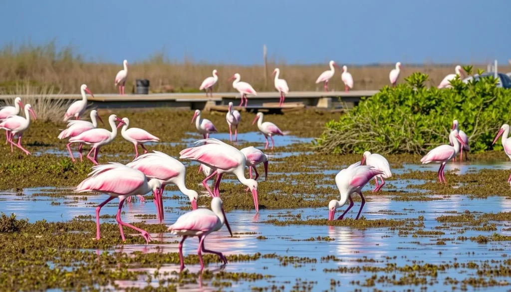 Roseate spoonbills and other wading birds at Leonabelle Turnbull Birding Center on Mustang Island