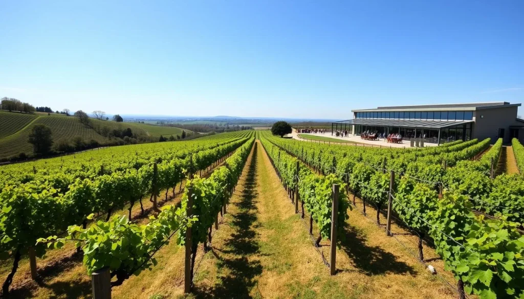 Rows of grapevines at Chapel Down Winery in Kent with visitors enjoying wine tasting Rows of grapevines at Chapel Down Winery in Kent with visitors enjoying wine tasting