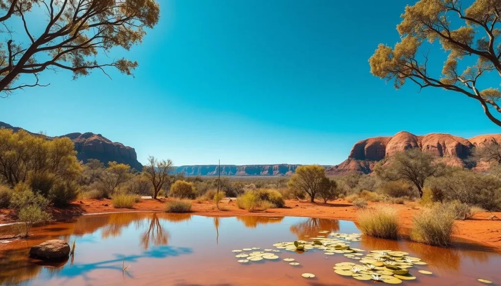Rugged red earth, sun-dappled gum trees, and towering sandstone formations rise against a clear azure sky. In the foreground, a tranquil billabong reflects the surrounding landscape, its still waters dotted with waterlilies. A gentle breeze rustles the eucalyptus leaves, casting dappled shadows on the scene. In the middle ground, rocky outcroppings and scrubby bushes lead the eye towards the distant horizon, where the ancient, weathered escarpments of the Northern Territory's iconic outback stretch out under the warm, golden light. Capture the raw, untamed beauty of Australia's rugged heart in this natural, cinematic landscape.