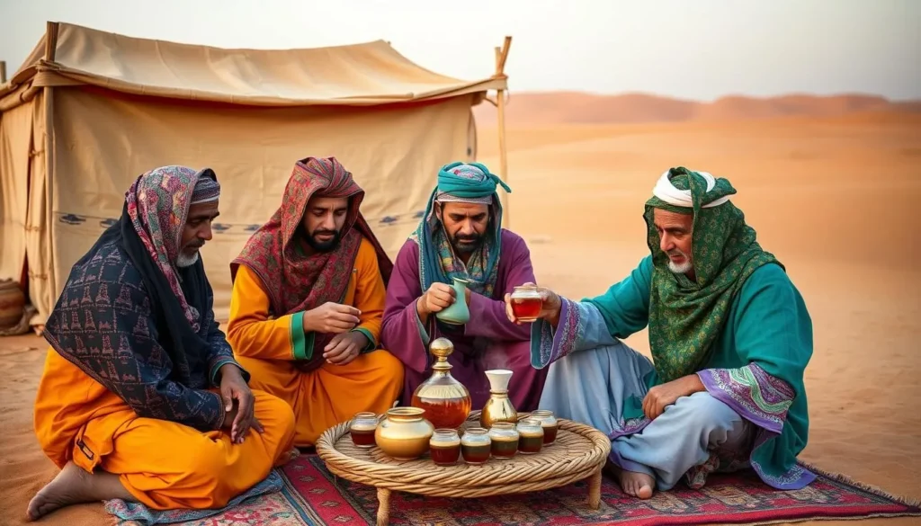 Sahrawi people in traditional dress preparing tea in the desert Sahrawi people in traditional dress preparing tea in the desert