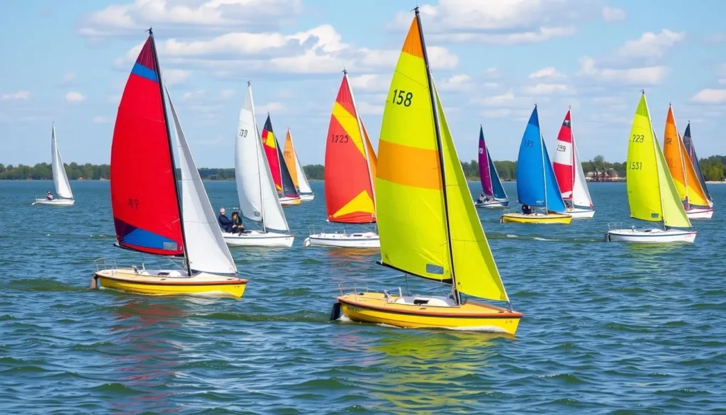 Sailboats on Carlyle Lake with people enjoying water sports on a sunny day