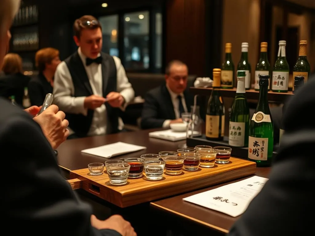 Sake tasting event at a Washington DC Japanese restaurant with various premium sakes