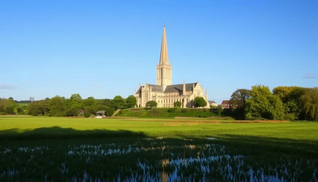 Salisbury Cathedral with its tall spire visible across the water meadows