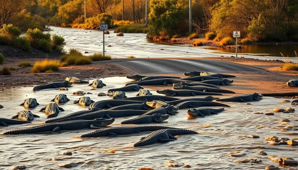 Saltwater crocodiles gathering at Cahills Crossing during high tide with the road partially submerged Saltwater crocodiles gathering at Cahills Crossing during high tide with the road partially submerged