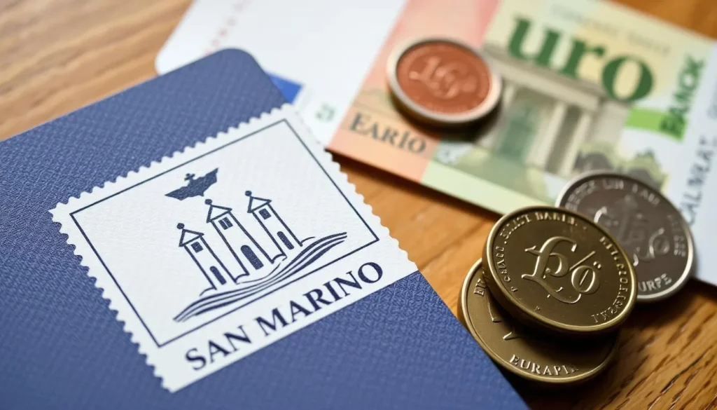 San Marino passport stamp and euro currency with the three towers symbol San Marino passport stamp and euro currency with the three towers symbol