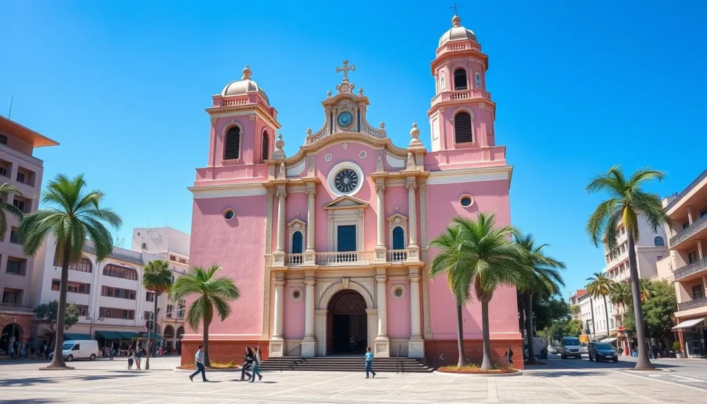 San Nicolás de Tolentino Church in Barranquilla's historic center with its distinctive pink facade San Nicolás de Tolentino Church in Barranquilla's historic center with its distinctive pink facade