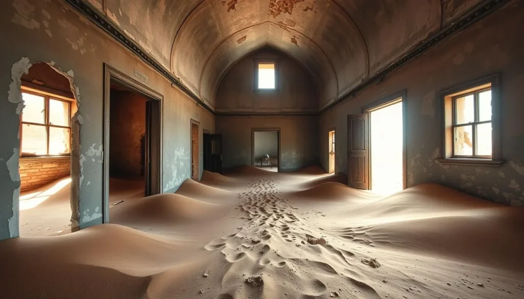 Sand-filled abandoned building in Kolmanskop ghost town with sand dunes flowing through doorways - best things to do in Namibia