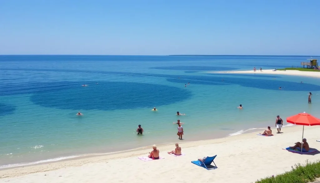 Sandy beach at Carlyle Lake with families enjoying swimming and sunbathing