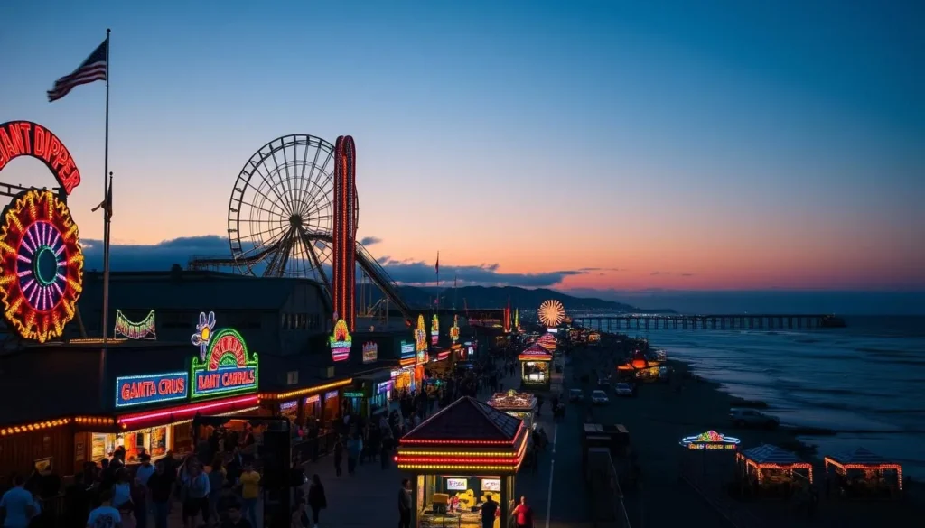 Santa Cruz Beach Boardwalk at dusk with illuminated rides and attractions Santa Cruz Beach Boardwalk at dusk with illuminated rides and attractions