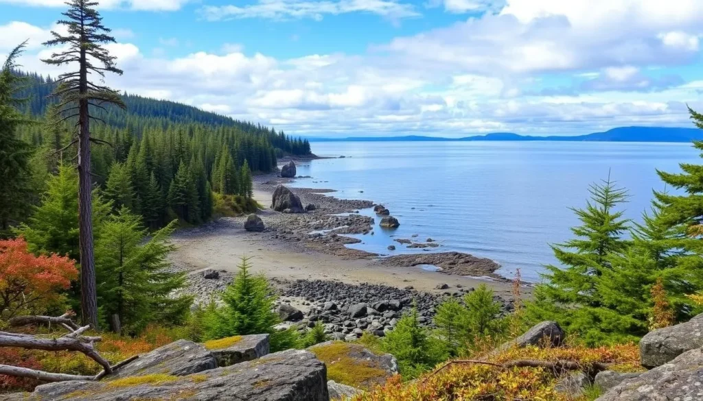 Scenic Beach State Park in Seabeck, Washington, with its lush forests and rocky beaches along Hood Canal