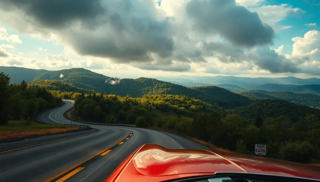 Scenic highway winding through the lush, rolling hills of West Virginia. The foreground features a classic American road trip car, its chrome gleaming in the warm, golden sunlight. Midground shows the twisting, asphalt road cutting through verdant forests, with occasional glimpses of distant, hazy mountains. The background is filled with dramatic, billowing clouds casting soft shadows over the tranquil landscape. Capture the sense of adventure and freedom of a West Virginia road trip, with a cinematic, nostalgic aesthetic.