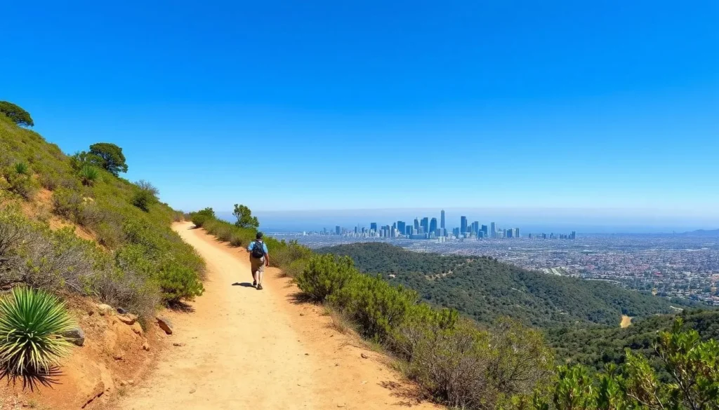 Scenic hiking trail in Griffith Park with views of the Los Angeles skyline Scenic hiking trail in Griffith Park with views of the Los Angeles skyline