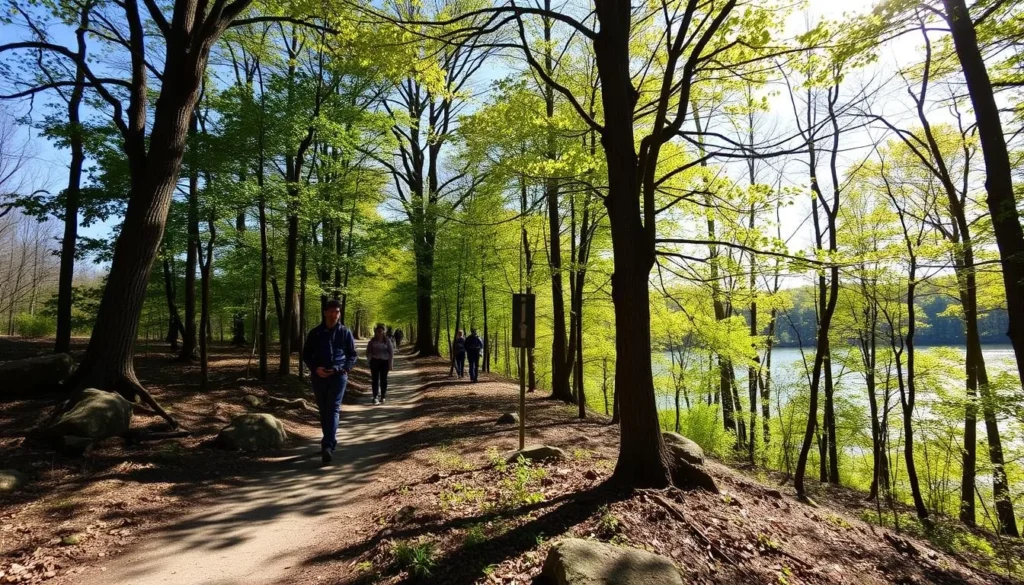 Scenic hiking trail through wooded area at Carlyle Lake with hikers enjoying nature
