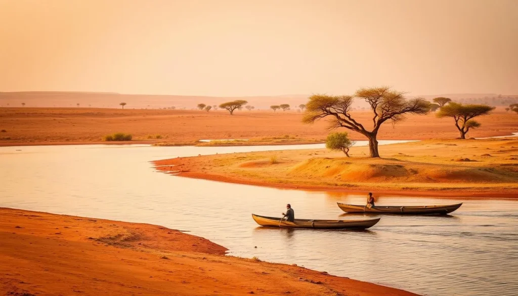 Scenic landscape of Mali during the dry season showing the Niger River and traditional boats