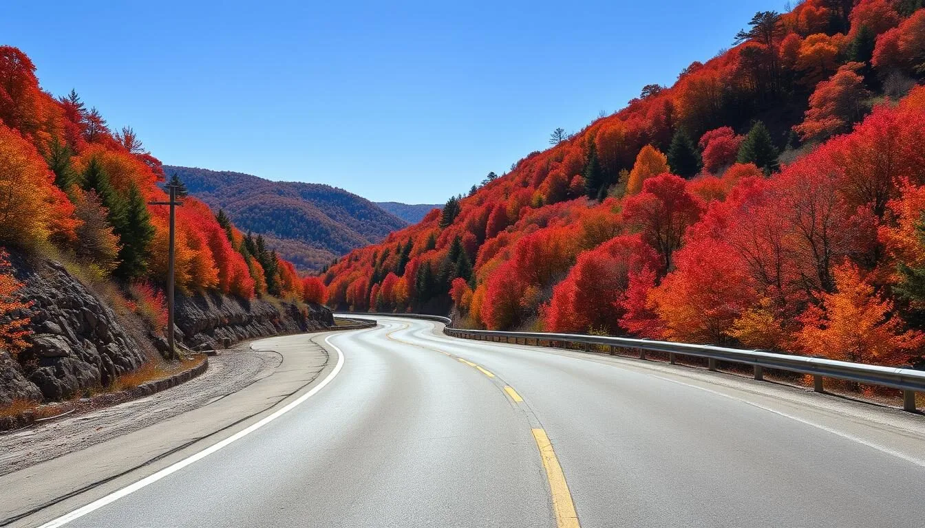 Scenic mountain road leading into Monongahela National Forest with fall foliage