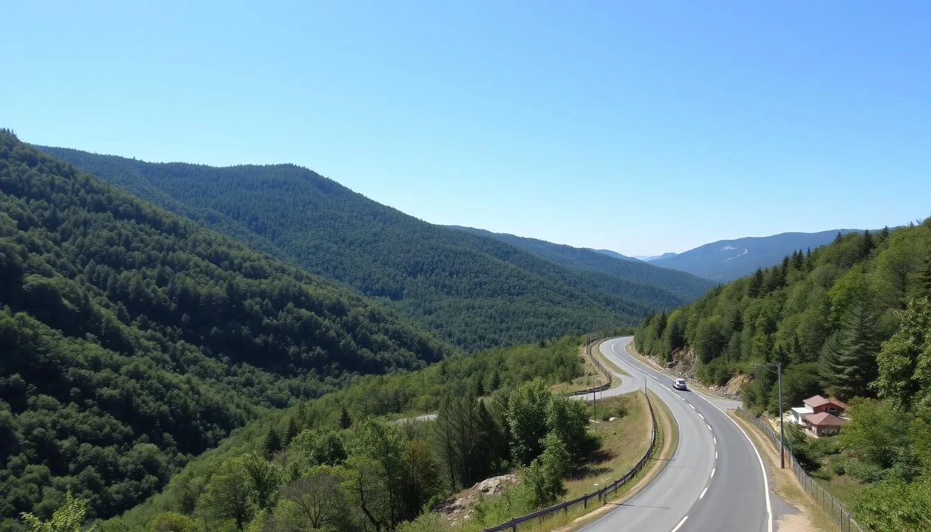 Scenic-mountain-road-leading-to-White-Sulphur-Springs-West-Virginia-with-lush-green-Allegheny- Scenic mountain road leading to White Sulphur Springs, West Virginia with lush green Allegheny Mountains in the background