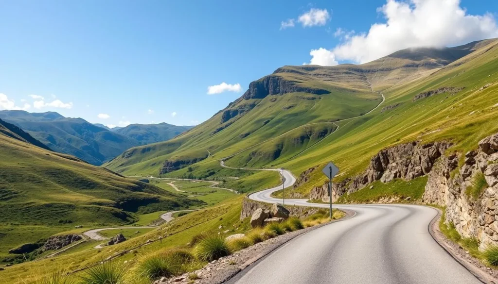 Scenic mountain road winding through Snowdonia National Park with mountains in the background