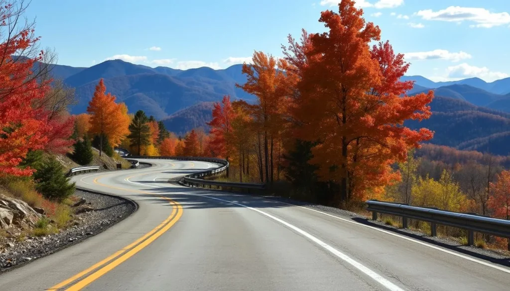 Scenic mountain road winding through the Chattahoochee-Oconee National Forest with fall foliage