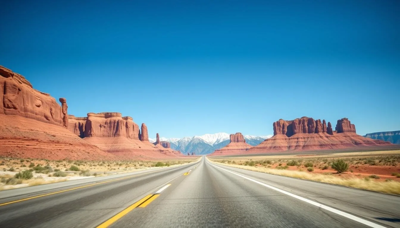 Scenic road leading to Vernal, Utah with red rock formations and mountains in the background