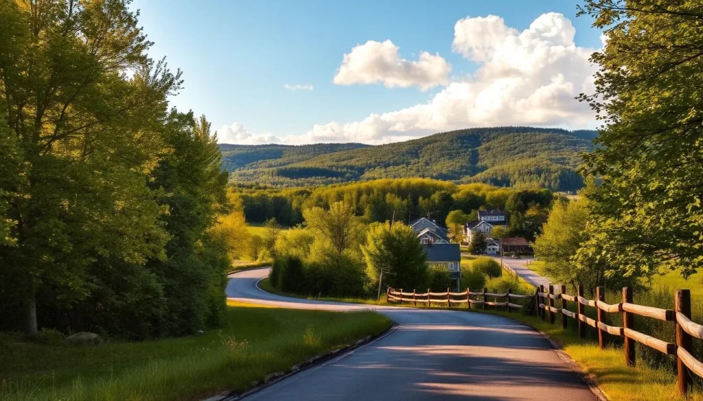 Scenic rural Connecticut landscape, winding country road flanked by lush green hills and tall trees. Warm afternoon sunlight filters through the foliage, casting a golden glow over the scene. In the distance, a quaint New England town nestled among the rolling hills. Weathered wooden fences line the road, leading the eye towards the horizon. Fluffy white clouds drift across a clear blue sky. Capture the tranquil, picturesque atmosphere of a perfect day for a Connecticut road trip adventure.