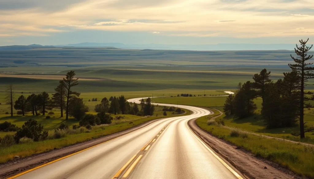Scenic rural highway winding through the vast, rolling prairies of South Dakota, with distant blue-tinged hills on the horizon. A well-maintained two-lane road stretches out before the viewer, flanked by verdant meadows and stands of weathered, wind-swept pines. Warm, golden sunlight filters through wispy clouds, casting a soft, natural glow over the landscape. The scene evokes a sense of peaceful solitude and the thrill of an open-road adventure, perfectly capturing the spirit of a South Dakota road trip.