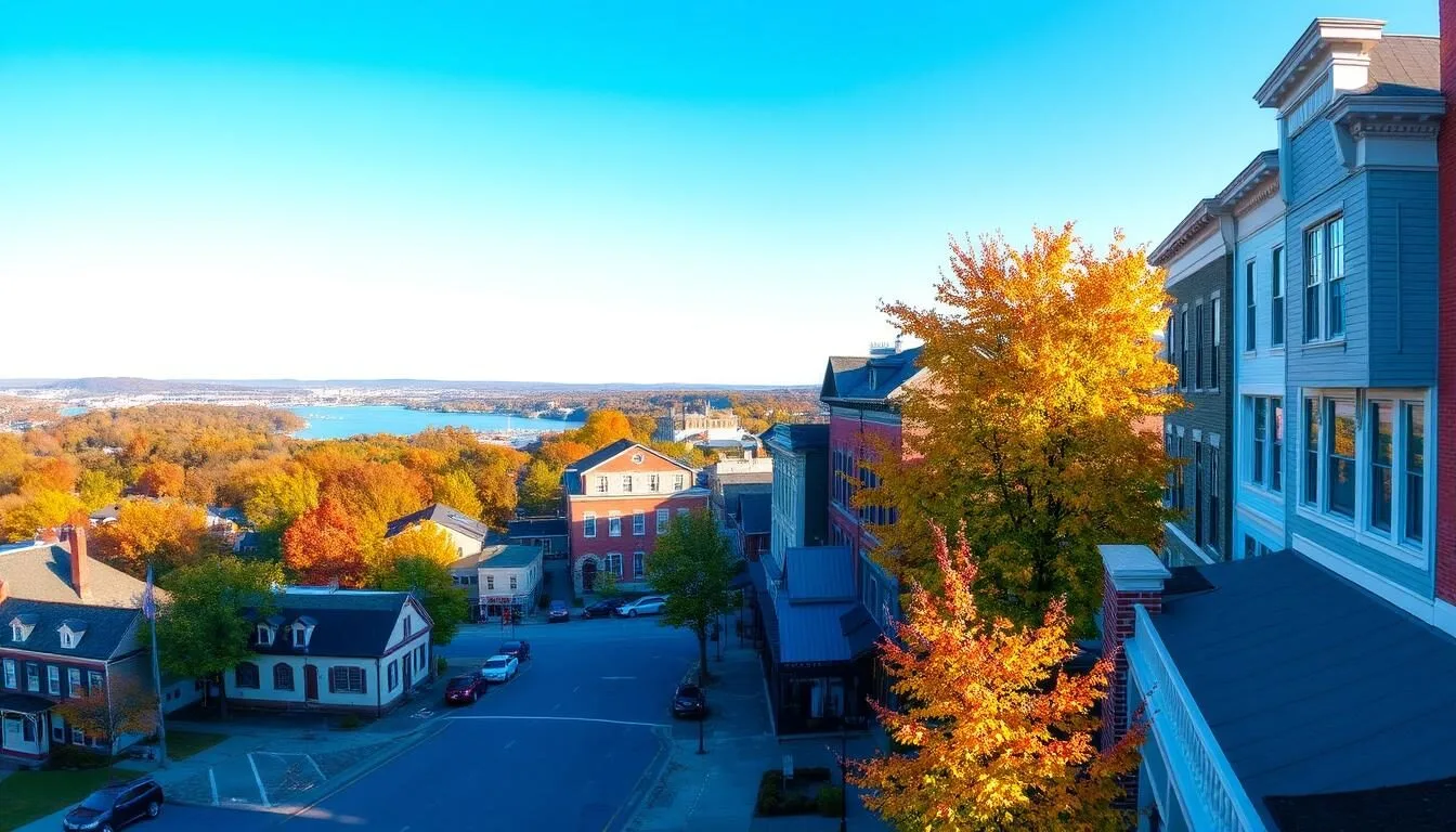 Scenic view of Glastonbury Connecticut riverfront with historic buildings and autumn foliage along the Connecticut River