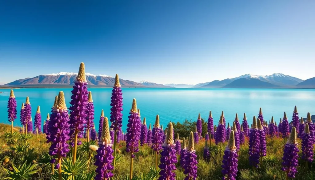 Scenic view of Lake Tekapo with lupins blooming in summer, one of the best things to do in New Zealand Scenic view of Lake Tekapo with lupins blooming in summer, one of the best things to do in New Zealand