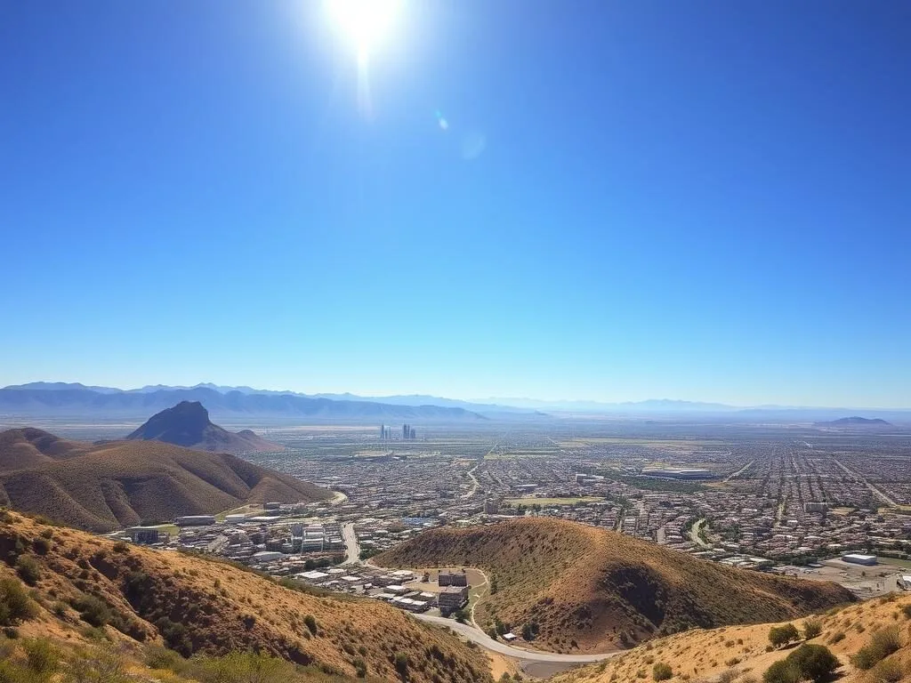 Scenic view of Nogales Arizona showing the city nestled in hills on a beautiful sunny day