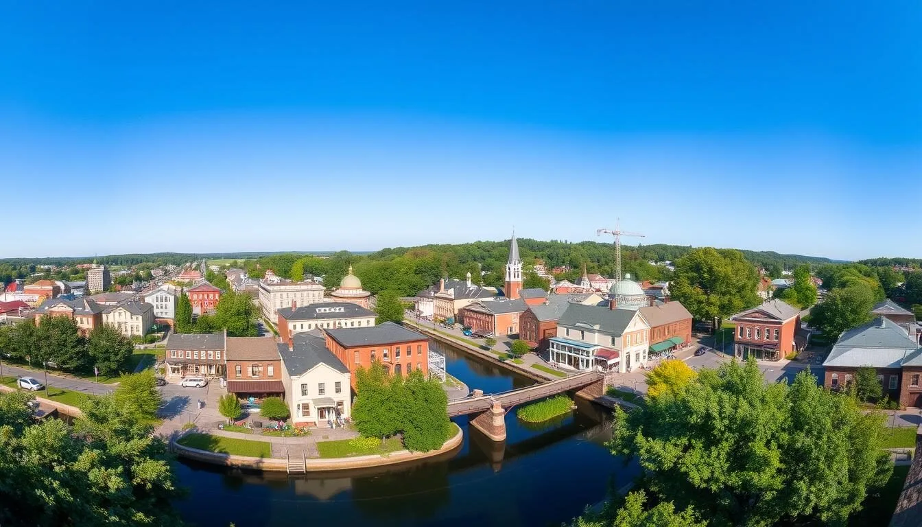Scenic view of Seneca Falls with the historic downtown area and Cayuga-Seneca Canal on a sunny day