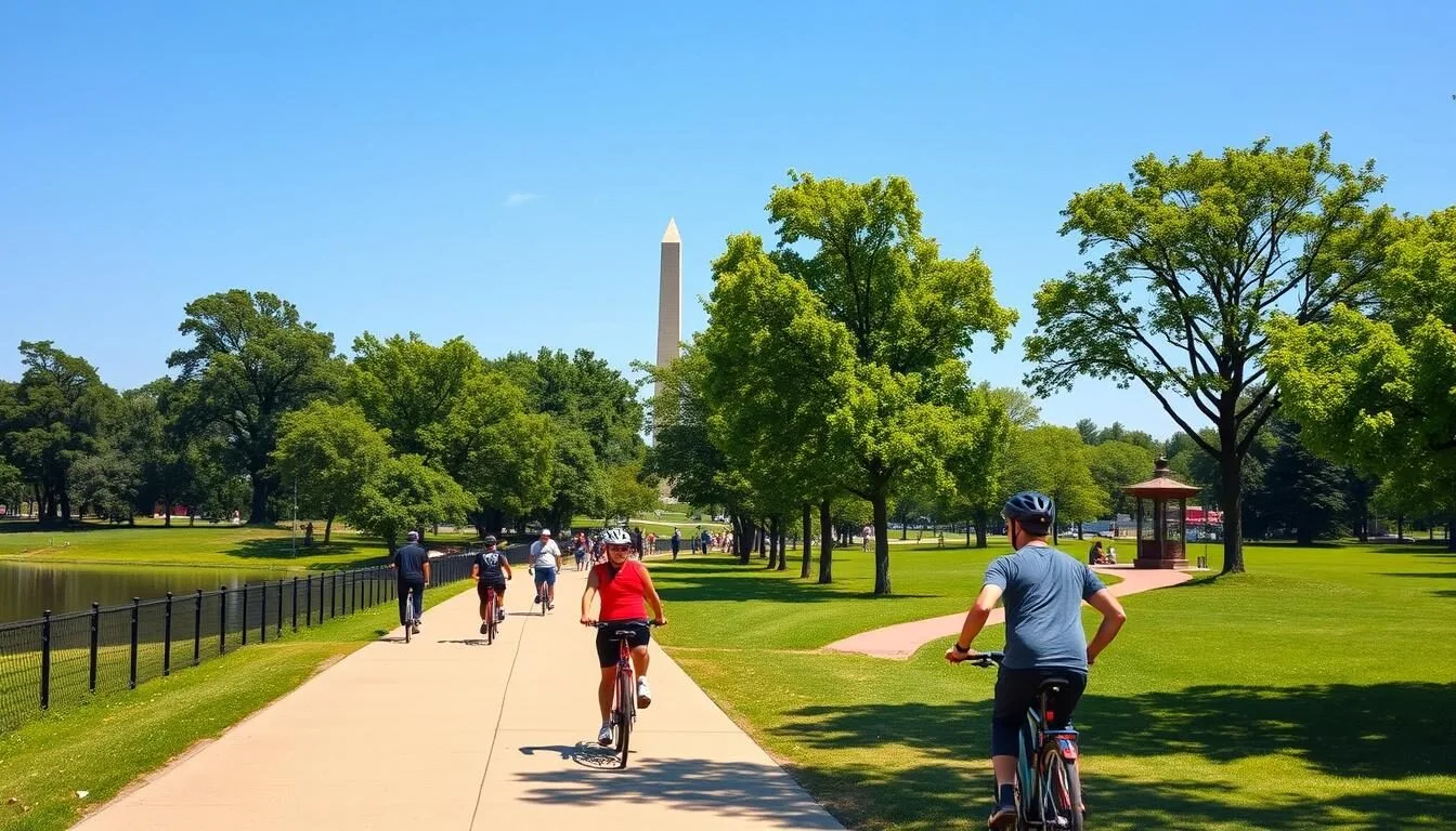 Scenic view of Washington DC hiking and biking trails with the Washington Monument visible in the background