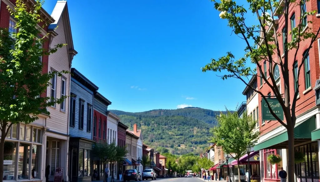 Scenic view of Windham's Main Street with shops and restaurants Scenic view of Windham's Main Street with shops and restaurants