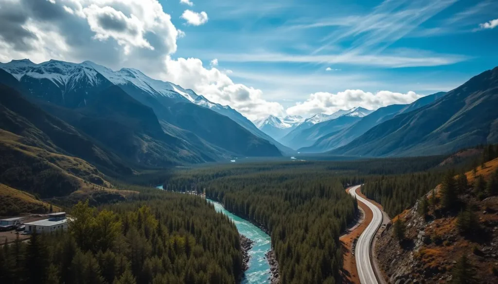 Scenic view of the Carretera Austral winding through mountains with a turquoise river alongside Scenic view of the Carretera Austral winding through mountains with a turquoise river alongside