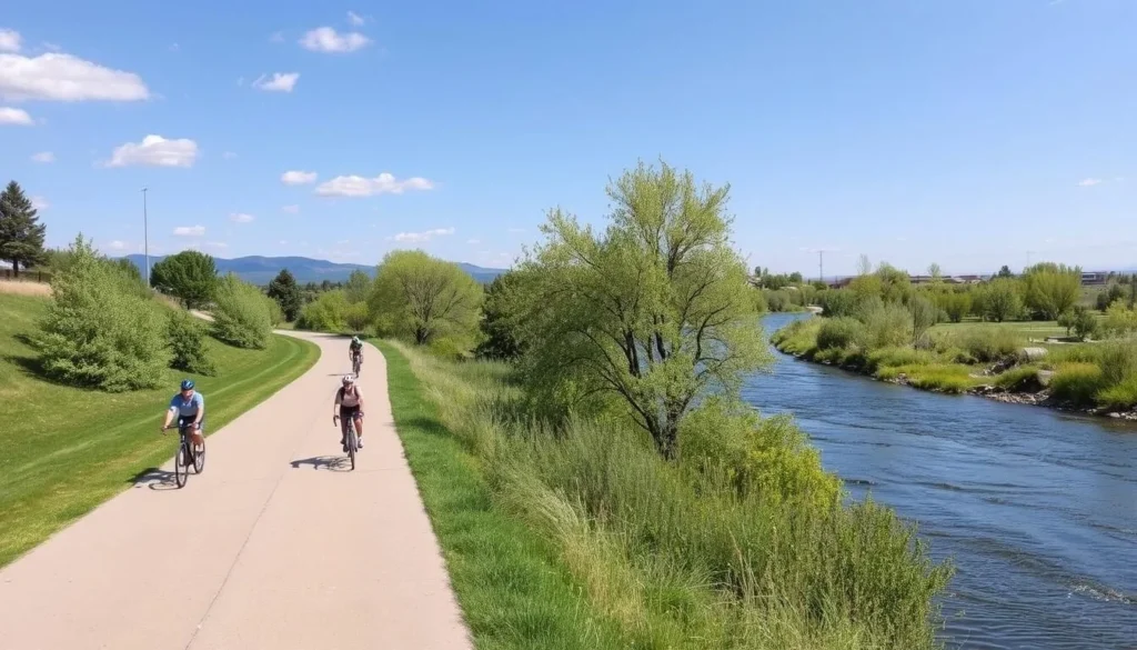 Scenic view of the Platte River Trail in Commerce City with cyclists and pedestrians enjoying the path Scenic view of the Platte River Trail in Commerce City with cyclists and pedestrians enjoying the path